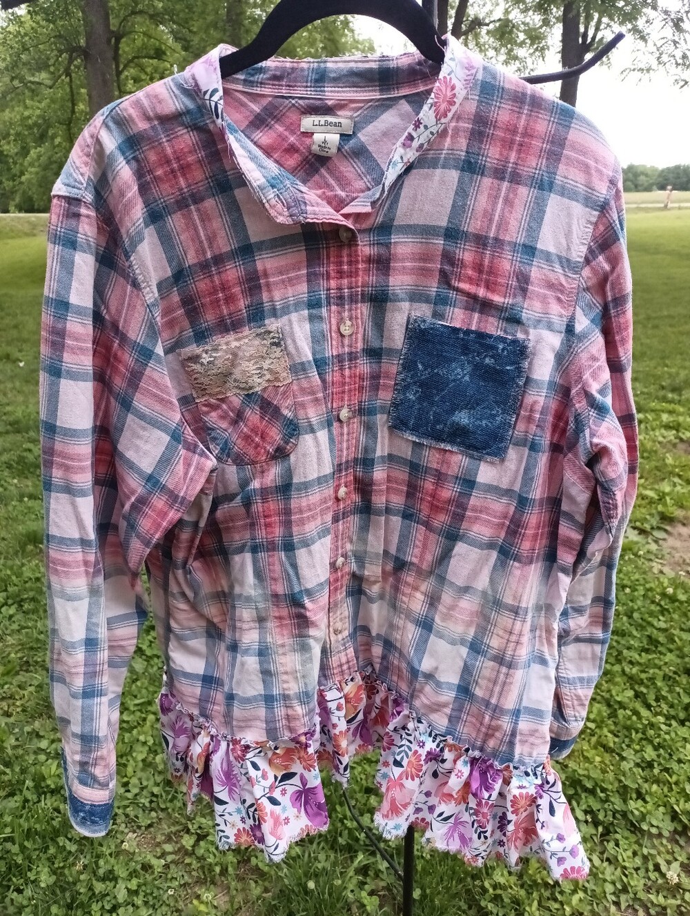 Upcycled Boho Flannel Shirt, OOAK Ruffle Plaid Top, Western Hippie Cowgirl